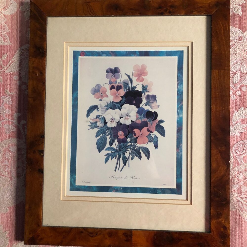 1989 Portal P J Redoute litho print " Botanical Bouquet de Pansees" wooden frame
